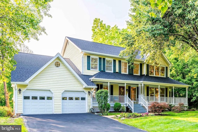 6808 Canal Bridge Ct, Potomac, MD 20854 - colonial inspired home featuring asphalt driveway, covered porch, an attached garage, and a shingled roof