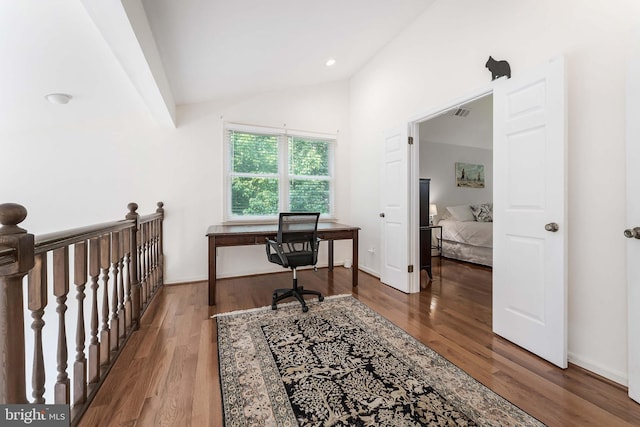 6808 Canal Bridge Ct, Potomac, MD 20854 - office area with vaulted ceiling, wood finished floors, and recessed lighting