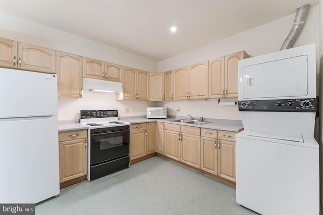 6808 Canal Bridge Ct, Potomac, MD 20854 - kitchen featuring white appliances, light brown cabinetry, under cabinet range hood, and recessed lighting