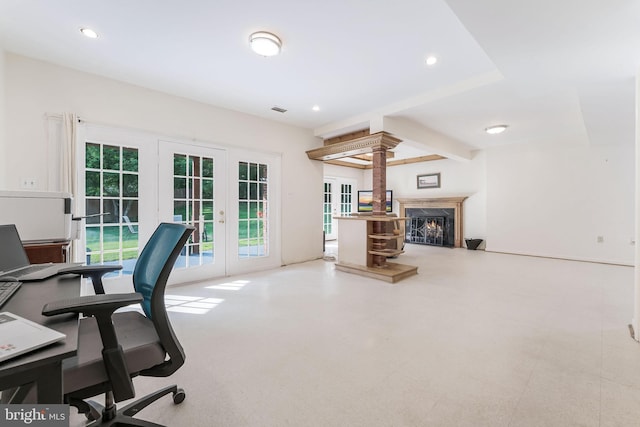 6808 Canal Bridge Ct, Potomac, MD 20854 - office featuring french doors, a lit fireplace, and recessed lighting