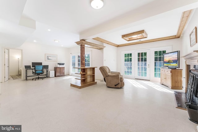 6808 Canal Bridge Ct, Potomac, MD 20854 - living area featuring decorative columns, french doors, an office area, and recessed lighting