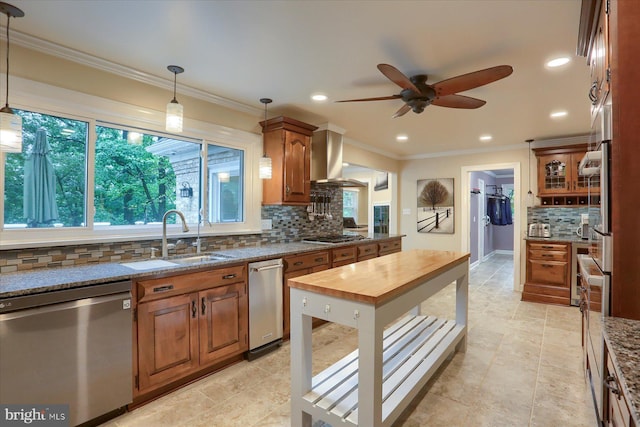 1715 Mountain View Rd, Harrisburg, PA 17110 - kitchen featuring stainless steel appliances, a sink, backsplash, ceiling fan, and brown cabinets