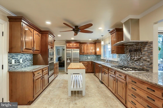 1715 Mountain View Rd, Harrisburg, PA 17110 - kitchen with wall chimney exhaust hood, ceiling fan, appliances with stainless steel finishes, decorative backsplash, and recessed lighting