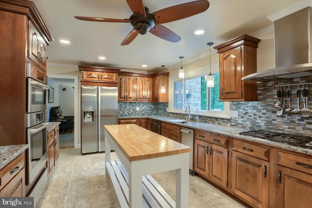 1715 Mountain View Rd, Harrisburg, PA 17110 - kitchen with appliances with stainless steel finishes, wall chimney range hood, wooden counters, crown molding, and a sink
