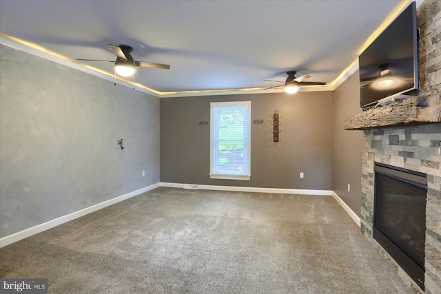 1715 Mountain View Rd, Harrisburg, PA 17110 - unfurnished living room featuring a ceiling fan, crown molding, a fireplace, carpet floors, and baseboards