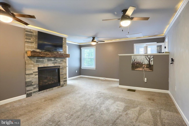 1715 Mountain View Rd, Harrisburg, PA 17110 - unfurnished living room with a ceiling fan, crown molding, carpet, a fireplace, and baseboards