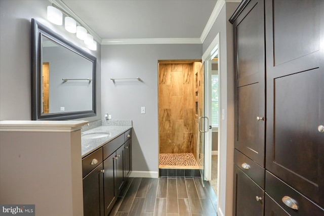 1715 Mountain View Rd, Harrisburg, PA 17110 - full bathroom with a shower stall, vanity, crown molding, baseboards, and wood tiled floors