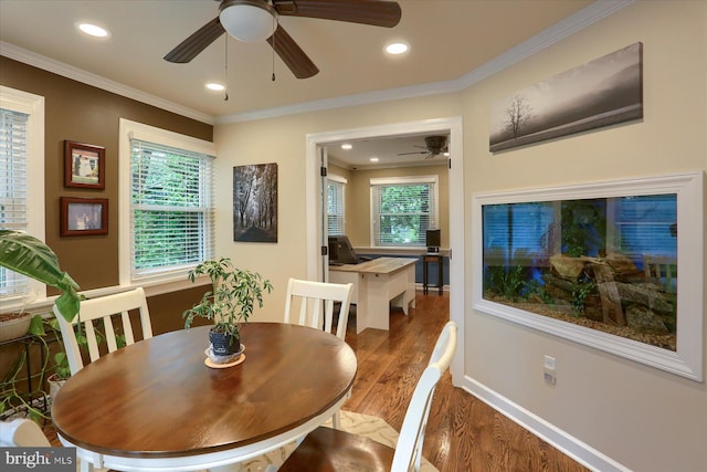 1715 Mountain View Rd, Harrisburg, PA 17110 - dining space featuring ceiling fan, wood finished floors, healthy amount of natural light, recessed lighting, and crown molding