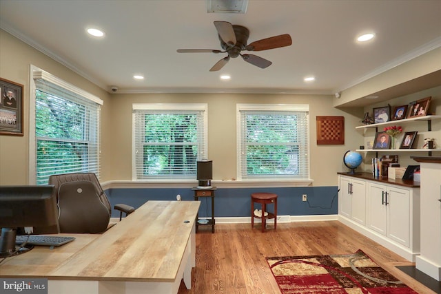 1715 Mountain View Rd, Harrisburg, PA 17110 - office with crown molding, a ceiling fan, light wood-style floors, recessed lighting, and baseboards