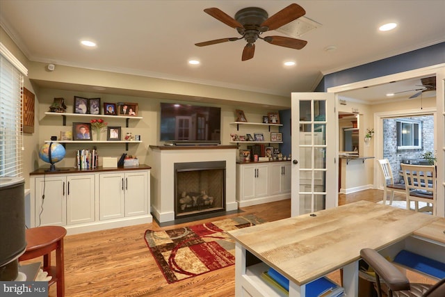 1715 Mountain View Rd, Harrisburg, PA 17110 - living area featuring ceiling fan, ornamental molding, light wood-type flooring, a fireplace with flush hearth, and recessed lighting