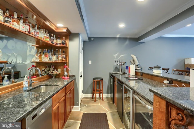 1715 Mountain View Rd, Harrisburg, PA 17110 - indoor wet bar with dishwasher, crown molding, beverage cooler, baseboards, and recessed lighting