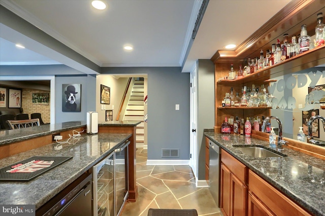 1715 Mountain View Rd, Harrisburg, PA 17110 - indoor wet bar with ornamental molding, stairs, stainless steel dishwasher, recessed lighting, and tile patterned flooring