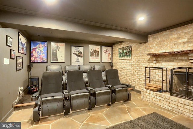 1715 Mountain View Rd, Harrisburg, PA 17110 - tiled cinema with ornamental molding, brick wall, baseboards, and a brick fireplace