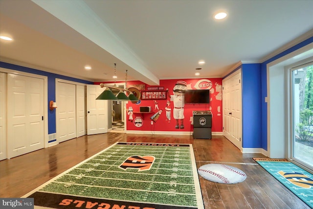 1715 Mountain View Rd, Harrisburg, PA 17110 - rec room featuring crown molding, baseboards, wood finished floors, and recessed lighting