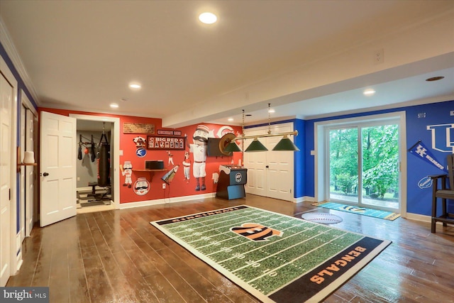 1715 Mountain View Rd, Harrisburg, PA 17110 - playroom featuring wood-type flooring, baseboards, recessed lighting, and ornamental molding