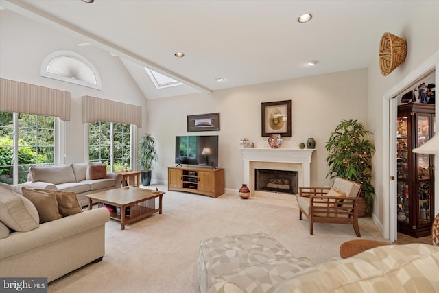 20 Dorchester Way, Phoenixville, PA 19460 - carpeted living room with high vaulted ceiling, a skylight, recessed lighting, and a high end fireplace