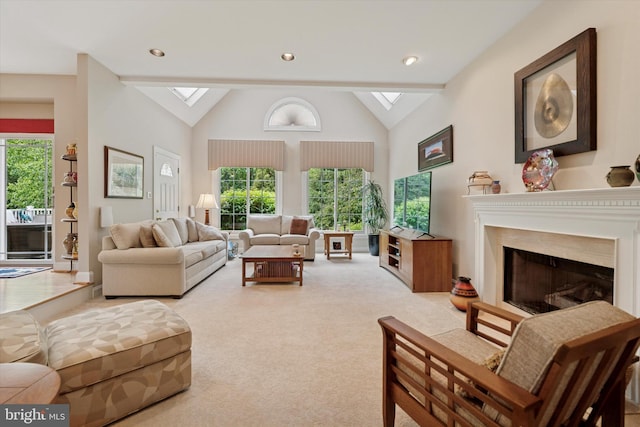 20 Dorchester Way, Phoenixville, PA 19460 - carpeted living room featuring a skylight, lofted ceiling, plenty of natural light, a fireplace, and recessed lighting