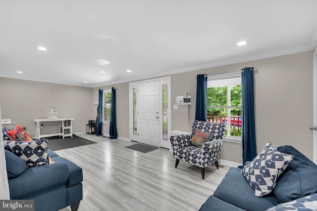 463 Bronco Trl, Lusby, MD 20657 - living room featuring baseboards, recessed lighting, crown molding, and wood finished floors
