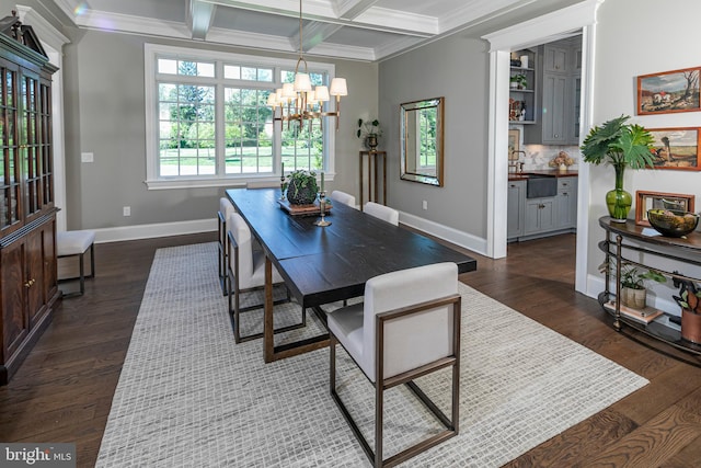 280 Carter Rd, Princeton, NJ 08540 - dining room with a chandelier, beamed ceiling, coffered ceiling, baseboards, and dark wood-style flooring