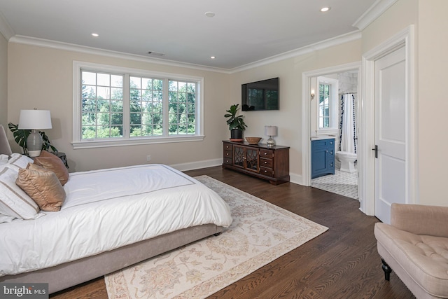 280 Carter Rd, Princeton, NJ 08540 - bedroom featuring dark wood-type flooring, ornamental molding, recessed lighting, baseboards, and ensuite bathroom