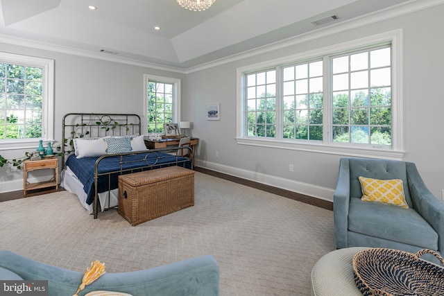 280 Carter Rd, Princeton, NJ 08540 - bedroom with multiple windows, a tray ceiling, baseboards, wood finished floors, and ornamental molding