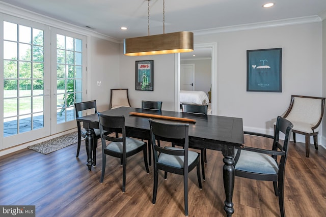 280 Carter Rd, Princeton, NJ 08540 - dining space featuring crown molding, dark wood finished floors, recessed lighting, french doors, and baseboards