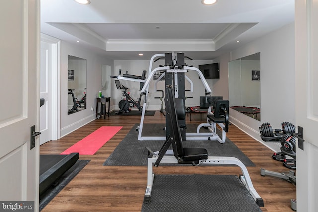280 Carter Rd, Princeton, NJ 08540 - workout area with a tray ceiling, recessed lighting, wood finished floors, ornamental molding, and baseboards