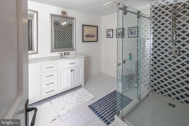 280 Carter Rd, Princeton, NJ 08540 - bathroom with a shower stall, double vanity, and tile patterned flooring