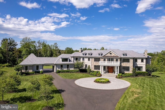 280 Carter Rd, Princeton, NJ 08540 - shingle-style home featuring curved driveway, a balcony, stone siding, and a chimney