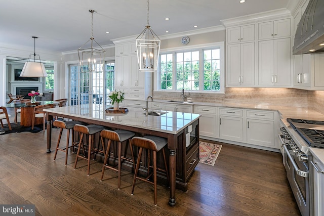 280 Carter Rd, Princeton, NJ 08540 - kitchen featuring a sink, range with two ovens, white cabinets, crown molding, and recessed lighting