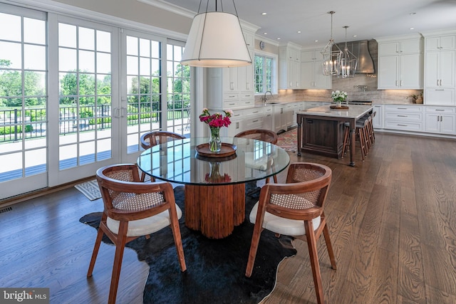 280 Carter Rd, Princeton, NJ 08540 - dining area featuring a chandelier, dark wood finished floors, ornamental molding, and recessed lighting