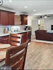 60 Windsor Ln, Willingboro, NJ 08046 - kitchen featuring tasteful backsplash, light countertops, black dishwasher, recessed lighting, and a ceiling fan