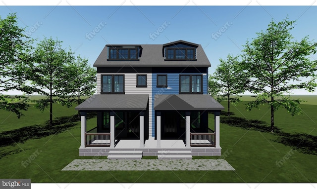 view of front of home featuring covered porch, a front yard, and a shingled roof