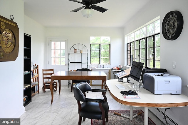 9706 Fairway Dr, New Market, VA 22844 - office with healthy amount of natural light, ceiling fan, baseboard heating, and light marble finish floors