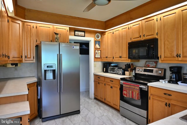 9706 Fairway Dr, New Market, VA 22844 - kitchen featuring stainless steel appliances, light marble finish flooring, light countertops, and ceiling fan