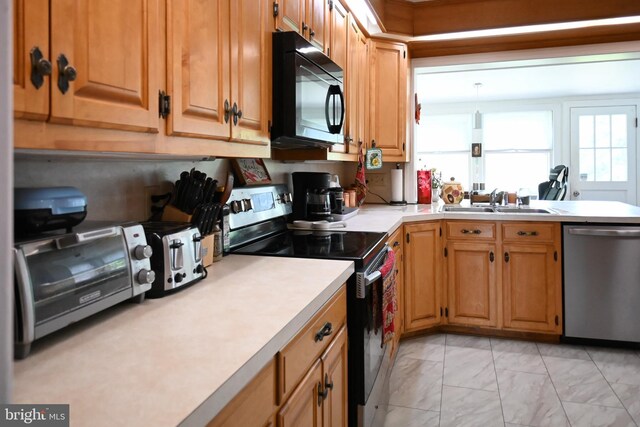 9706 Fairway Dr, New Market, VA 22844 - kitchen with electric range oven, stainless steel dishwasher, black microwave, light countertops, and a sink