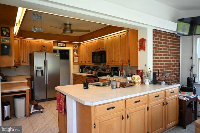 9706 Fairway Dr, New Market, VA 22844 - kitchen with stainless steel appliances, light countertops, a peninsula, a ceiling fan, and a sink