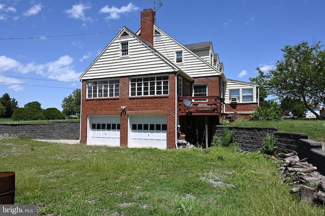 9706 Fairway Dr, New Market, VA 22844 - view of property exterior with brick siding, a garage, a chimney, a deck, and a lawn