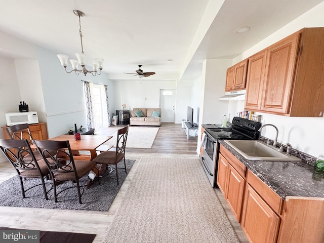 7226 Waldman Ave, Sparrows Point, MD 21219 - kitchen with stainless steel electric stove, white microwave, under cabinet range hood, a sink, and light wood-style flooring