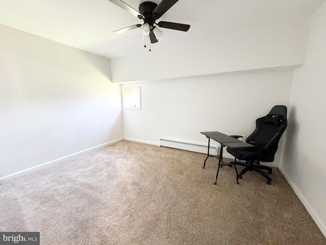 7226 Waldman Ave, Sparrows Point, MD 21219 - living area with a baseboard heating unit, carpet, a ceiling fan, and baseboards