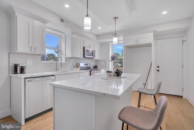 1636 40th St SE, Washington, DC 20020 - kitchen with stainless steel appliances, a sink, white cabinetry, tasteful backsplash, and plenty of natural light