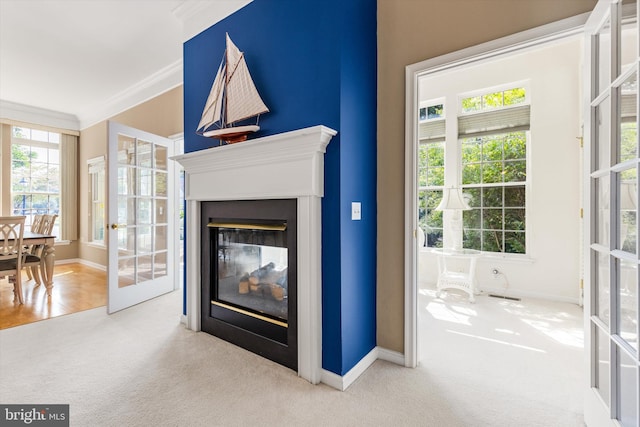 11625 Manklin Creek Rd, Ocean Pines, MD 21811 - living area with carpet flooring, ornamental molding, and a multi sided fireplace