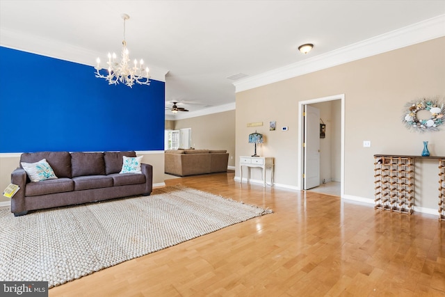 11625 Manklin Creek Rd, Ocean Pines, MD 21811 - living area featuring crown molding, a chandelier, wood finished floors, and ceiling fan