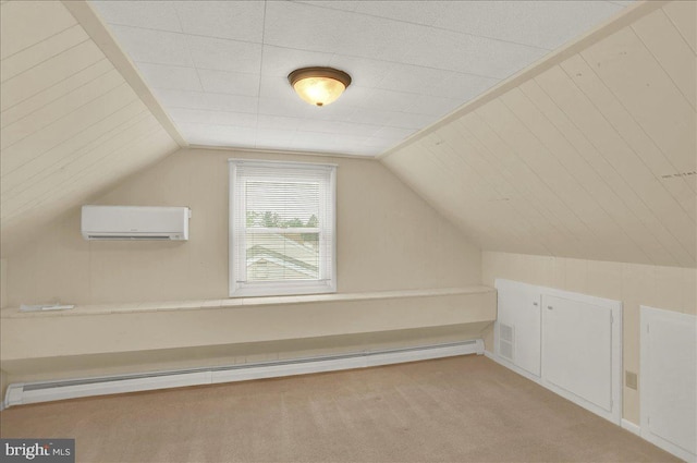 bonus room with a wall mounted AC, carpet flooring, a baseboard radiator, and lofted ceiling