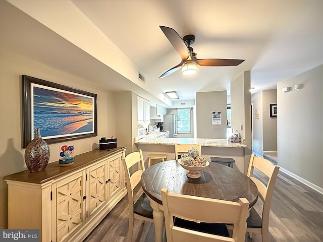 435 Lekites Ave Unit 435, Bethany Beach, DE 19930 - dining room featuring dark wood-style floors, a ceiling fan, and baseboards