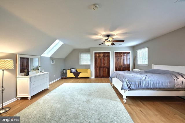 165 Wappler Dr, Hanover, PA 17331 - bedroom featuring two closets, a skylight, light wood-style flooring, lofted ceiling, and baseboards