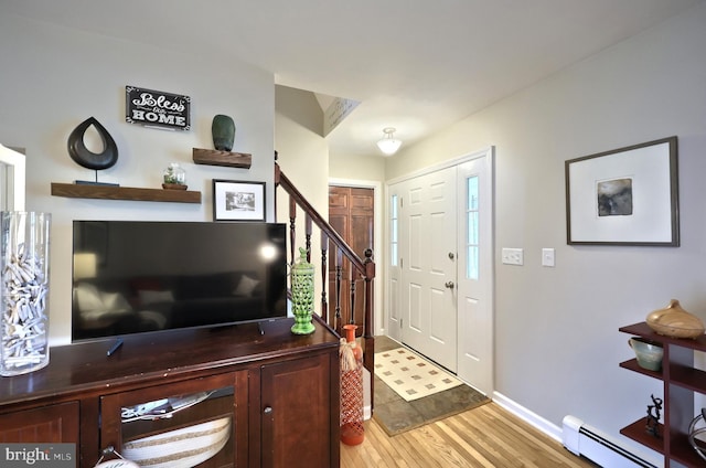 165 Wappler Dr, Hanover, PA 17331 - entryway with a baseboard heating unit, wood finished floors, baseboards, and stairway