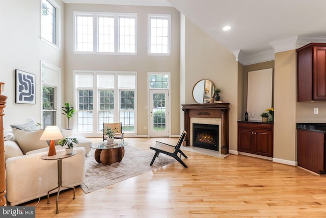 710 Crisfield Way, Annapolis, MD 21401 - living room featuring a fireplace with flush hearth, a high ceiling, plenty of natural light, light wood finished floors, and recessed lighting