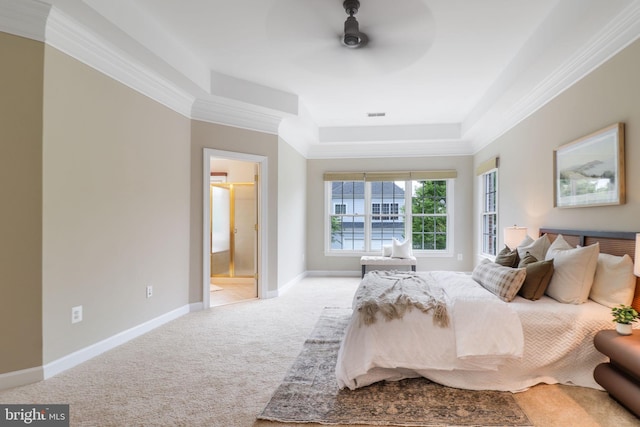 710 Crisfield Way, Annapolis, MD 21401 - bedroom featuring carpet flooring, a raised ceiling, ornamental molding, baseboards, and connected bathroom