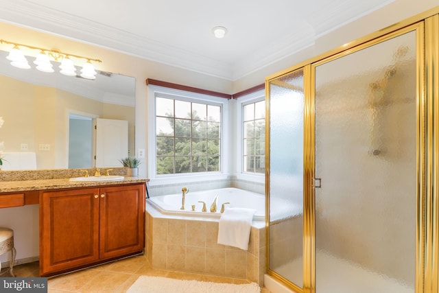 710 Crisfield Way, Annapolis, MD 21401 - full bathroom with a bath, tile patterned flooring, a stall shower, vanity, and crown molding
